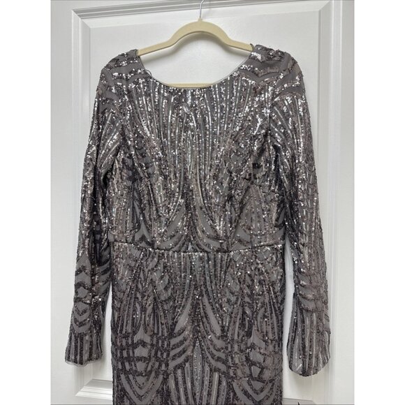 Adrianna Papell Size 12 Stone Gray Sequin Gown Long Sleeve Cocktail, Formal Maxi - Picture 5 of 12